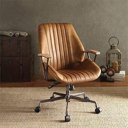 Chairs Ergonomic Office Chair - 24" X 28" X 37-40" Coffee Top Grain Leather Metallic Executive Office Chair HomeRoots