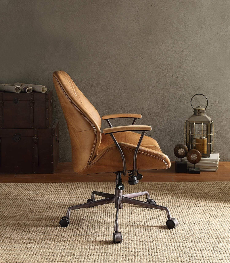 Chairs Ergonomic Office Chair - 24" X 28" X 37-40" Coffee Top Grain Leather Metallic Executive Office Chair HomeRoots