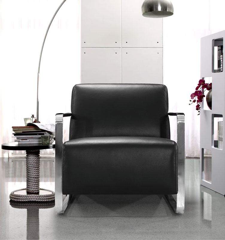 Chairs Lounge Chair Indoor - 28" Black Leather, Foam, and Stainless Steel Lounge Chair HomeRoots