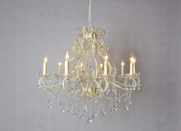 Traditional Style Iron Chandelier with Crystal Accent , White and Clear