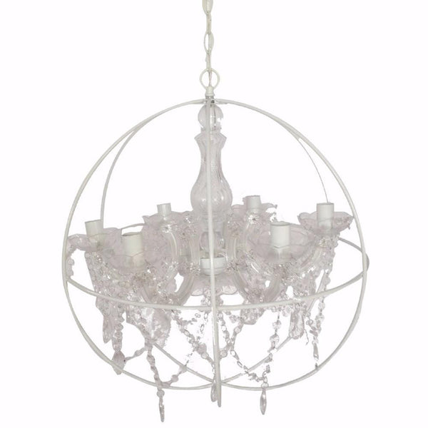 Chandeliers Round Cage Styled Metal Chandelier With Crystal hangings, White and Clear Benzara