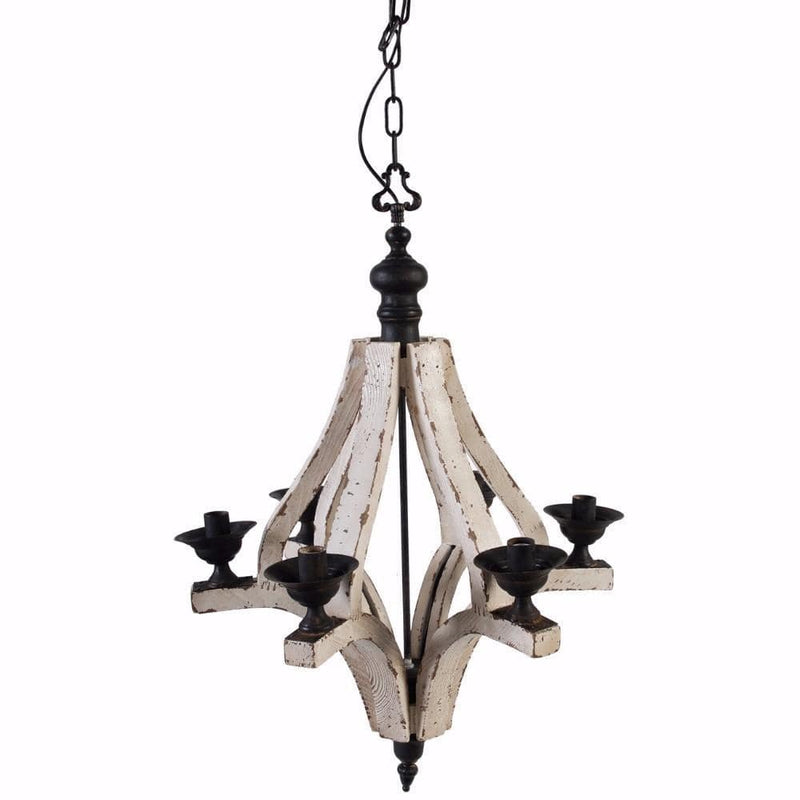 Chandeliers Solid 6-Light Washed-Wood Chandelier, White and Black Benzara