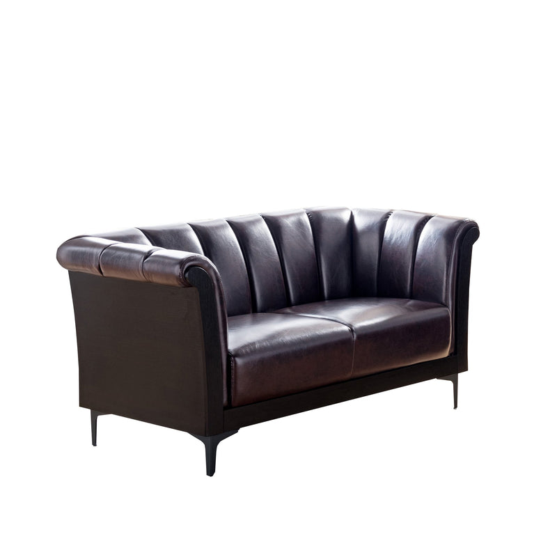 Channel Tufted Leatherette Loveseat with Metal Leg Support, Brown and Black-Sofas Sectionals & Loveseats-Brown and Black-Metal and Faux Leather-JadeMoghul Inc.