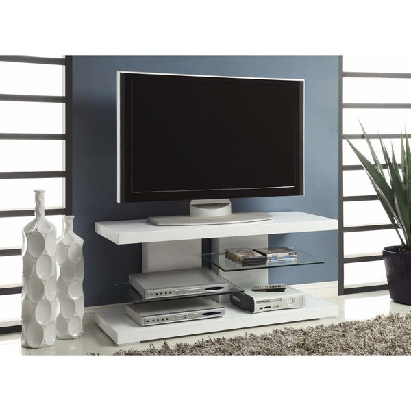 Charming white tv console with Alternating Glass Shelves-Entertainment Centers and Tv Stands-WHITE-Mdf-JadeMoghul Inc.