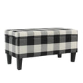 Checkered Pattern Fabric Upholstered Storage Bench With Tapered Wood Legs, Large, Black and White