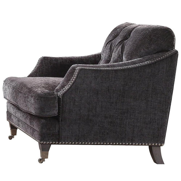 Chenille Fabric Upholstery Chair With Caster Front Legs, Gray-Accent Chairs-Gray-Chenille Wood Metal-JadeMoghul Inc.