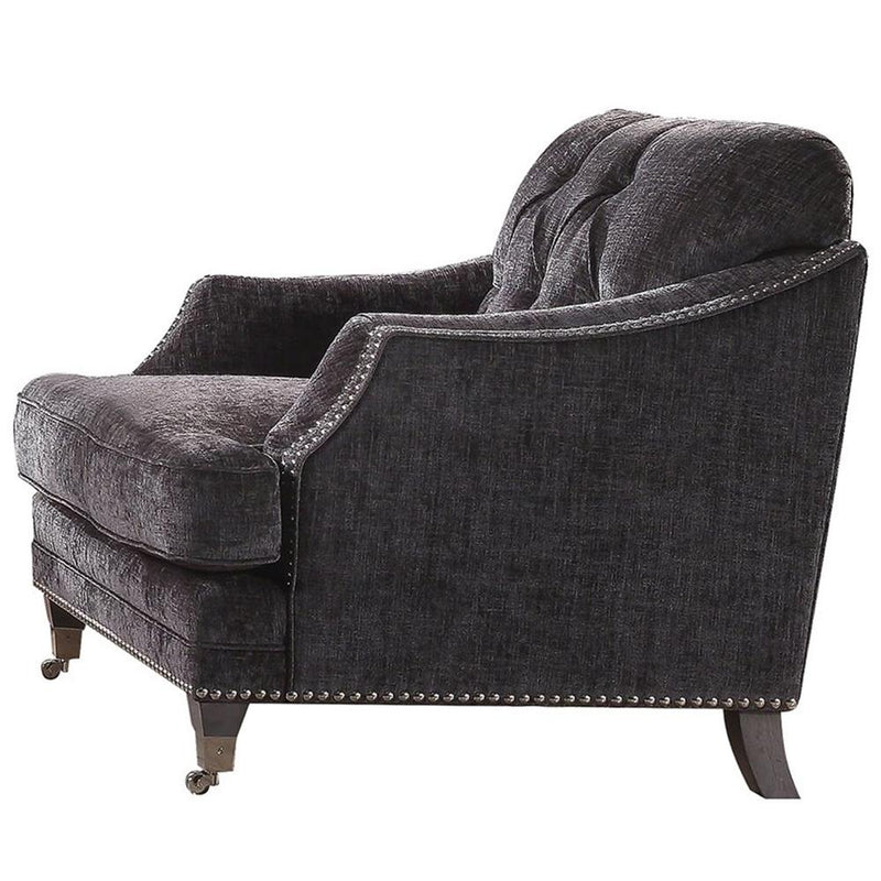 Chenille Fabric Upholstery Chair With Caster Front Legs, Gray-Accent Chairs-Gray-Chenille Wood Metal-JadeMoghul Inc.