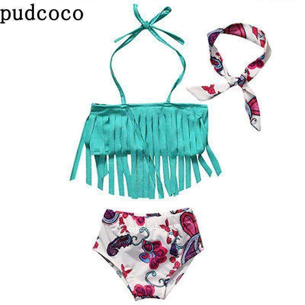 Children Baby Girl Tankini Bikini Suit Tassel Floral Swimwear Swimsuit Headband Bathing Costume-0 to 1 Years-JadeMoghul Inc.