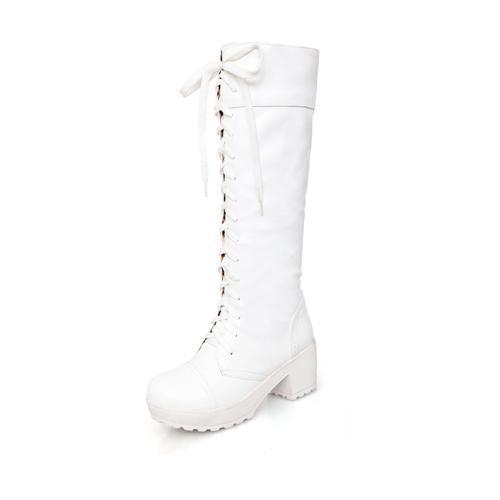 Chunky Lace Up Knee High Boots-white-4.5-JadeMoghul Inc.