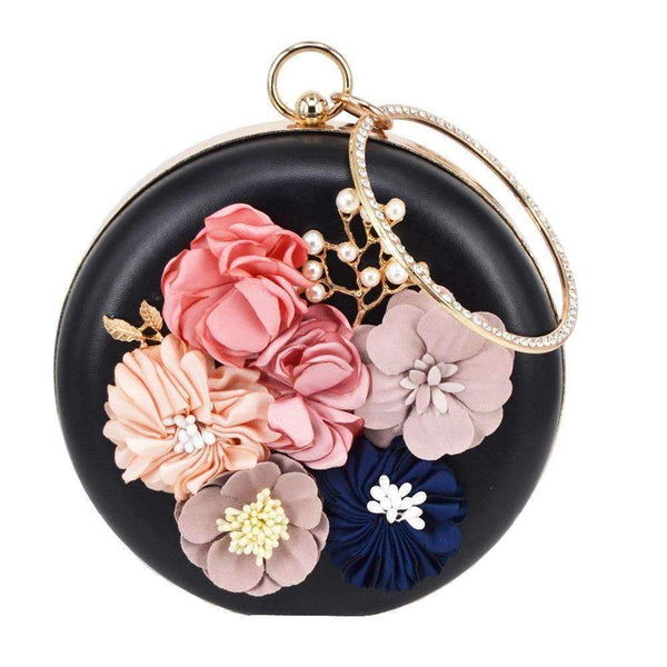 Circular pu Flower Women Clutch Evening Bag Lovely Black Wristlets Floral party Bag Wedding Bag pochette Female Handbag-Black-JadeMoghul Inc.