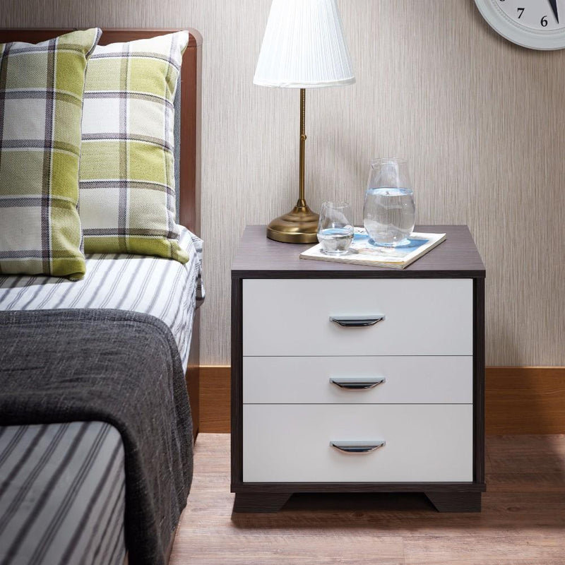 Classic 3 Drawers Wood Nightstand By Eloy, White & Black-Nightstands and Bedside Tables-White & Black-PB MDF-JadeMoghul Inc.