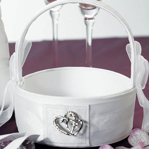 Classic Double Heart Flower Girl Basket White (Pack of 1)-Wedding Ceremony Accessories-JadeMoghul Inc.