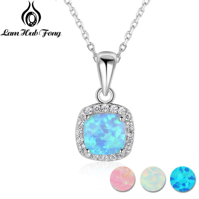 Classic Square White Pink Blue Opal Necklaces & Pendants Zirconia 925 Sterling Silver Necklace Gift For Women (Lam Hub Fong)-White-JadeMoghul Inc.
