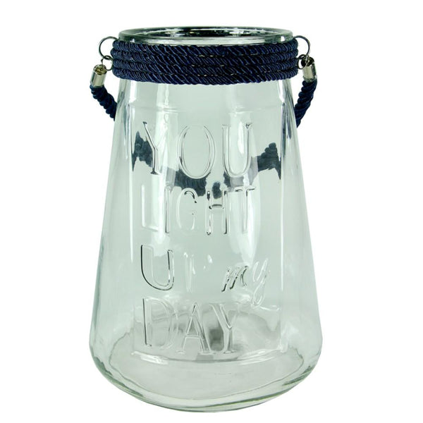 Clear Glass Lantern With Rope, Dark Blue-Panel Beds-Blue-Glass-JadeMoghul Inc.