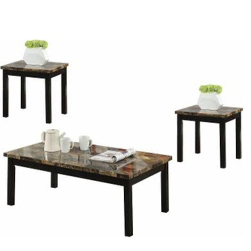 Coffee End Table Set with Faux Marble Top, Dark Brown and Black, Pack of 3-Side and End Tables-Brown and Black-Wood Faux Marble Veneer-JadeMoghul Inc.