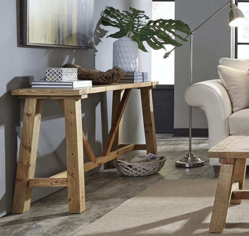 Coffee Tables Pine Console table with  Trestle Reinforced Sawhorse Base, Brown Benzara