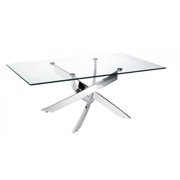 Coffee Tables Rectangular Glass Top Coffee Table with Chromed Metal Base, Clear and Silver Benzara