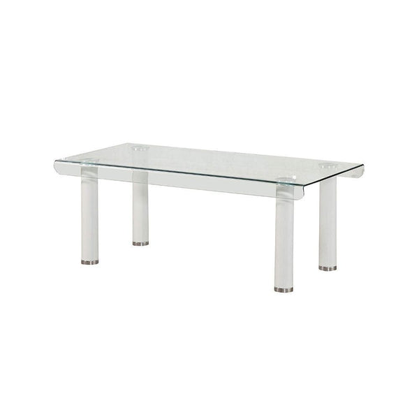 Coffee Tables Rectangular Tempered Glass Top Coffee Table With Round Metal Feet, White Benzara