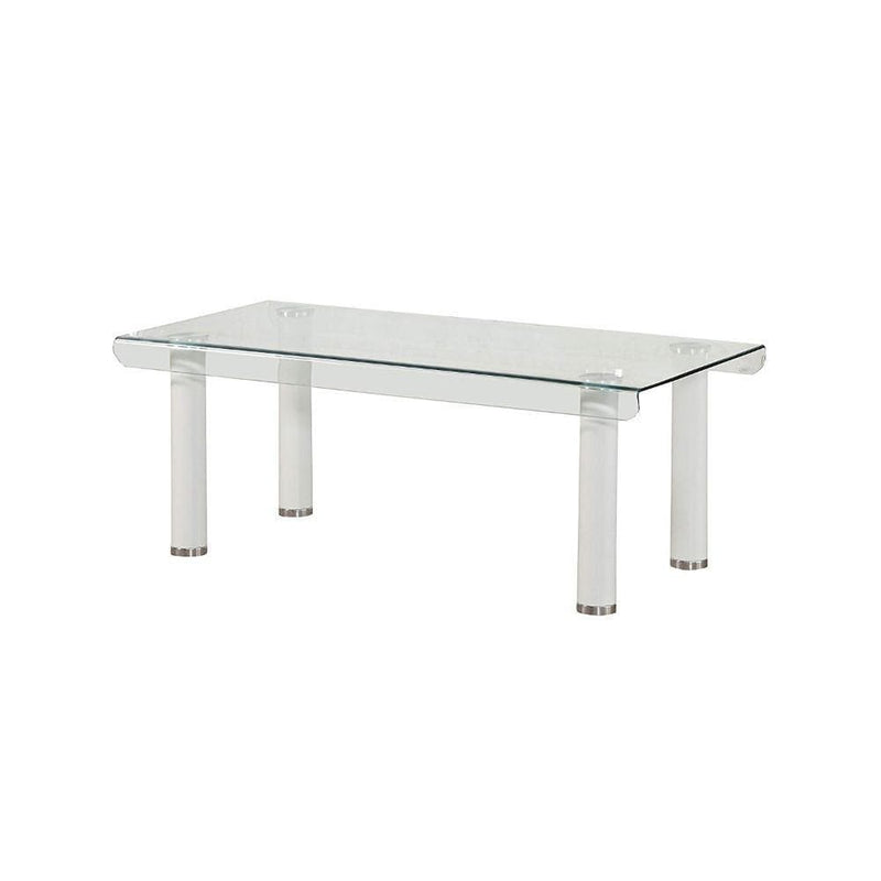 Coffee Tables Rectangular Tempered Glass Top Coffee Table With Round Metal Feet, White Benzara