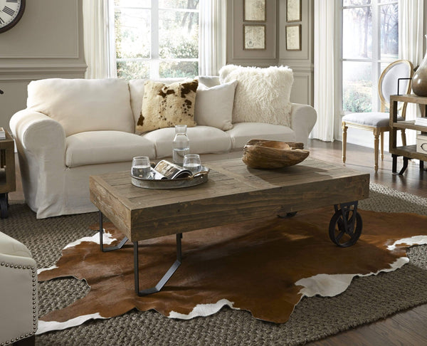 Coffee Tables Rectangular Thick Wood Top Coffee Table with Sand Cast Metal Base, Brown Benzara