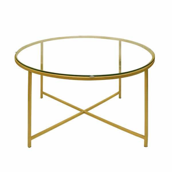 Coffee Tables Round Metal Coffee Table With Glass Top and X Shape Base, Gold and Clear Benzara