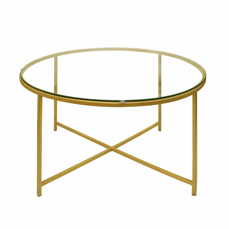 Coffee Tables Round Metal Coffee Table With Glass Top and X Shape Base, Gold and Clear Benzara