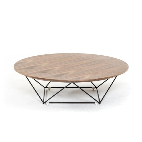 Coffee Tables Round Shaped Wooden Top Coffee Table with Unique Design Metal Base, Brown and Black Benzara