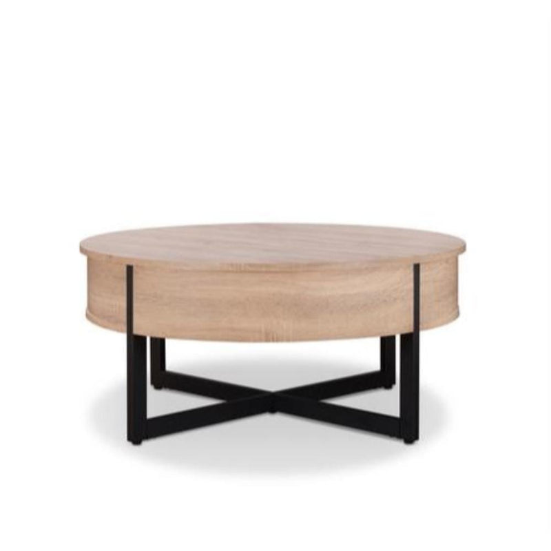 Coffee Tables Round Wood and Metal Coffee Table with One Drawer, Natural Brown and Black Benzara