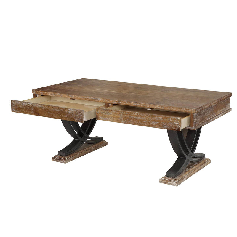 Coffee Tables Rustic Wooden Coffee Table with Two Drawers and Metal X Shape Support, Black and Brown Benzara