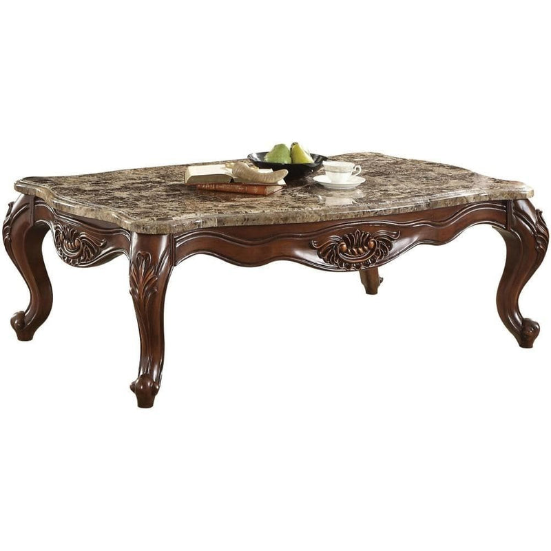 Traditional Style Rectangular Marble and Wooden Coffee Table, Brown