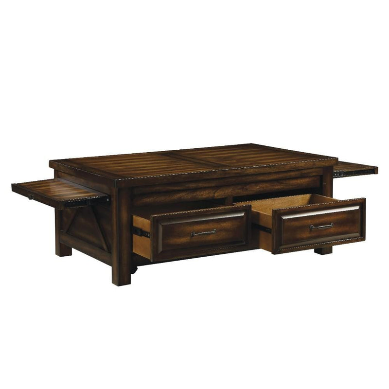 Coffee Tables Transitional Style Rectangular Wooden Coffee Table with 2 Drawers, Walnut Brown Benzara