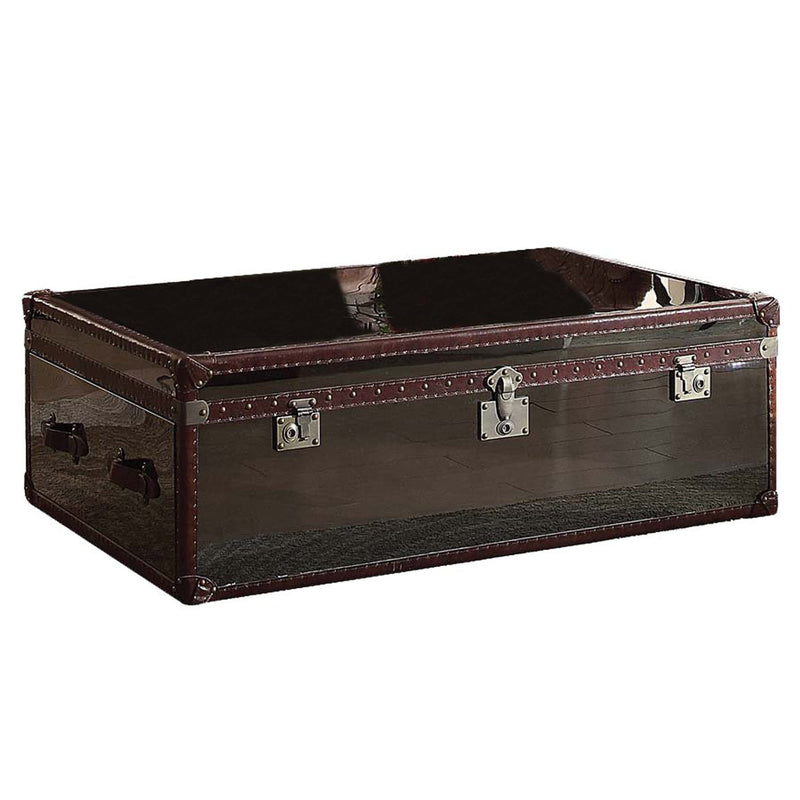 Trunk Design Leatherette Trim Wooden Coffee Table with 2 Drawers, Brown and Gray