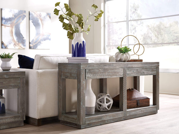 Two Drawer and Bottom Shelf Console Table with Flattened Base, Rustic Latte Gray