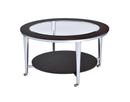 Wood and Metal Round Coffee Table with Glass Inserted Top, Espresso Brown and Silver