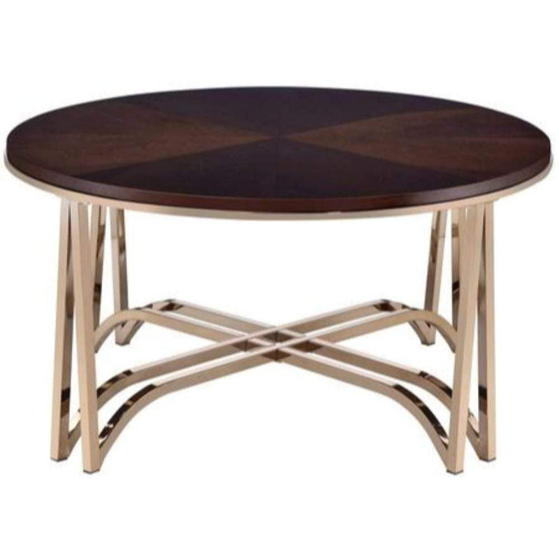 Wooden Coffee Table with Geometric X-Shape Metal Base, Brown and Gold