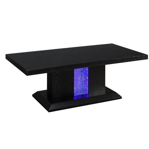 Wooden Coffee Table with LED Inlaid Pedestal Base and Beveled Edges, Black