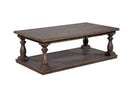 Wooden Coffee Table with Turned Legs and Open Shelve, Rustic Gray