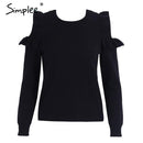 Cold Shoulder Ruffle Sleeve Sweater Top-Black-S-JadeMoghul Inc.
