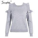 Cold Shoulder Ruffle Sleeve Sweater Top-Gray-S-JadeMoghul Inc.