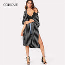 COLROVIE Vertical Striped Longline Kimono 2018 New Arrival Summer 3/4 Sleeve Split Casual Kimono Black And White Women Clothing-Black-XS-JadeMoghul Inc.