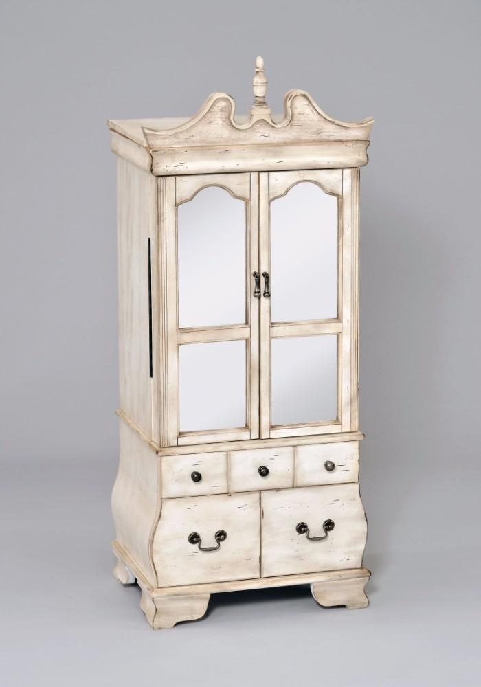 Commodious Jewelry Armoire, Antique White-Jewelry Armoires-Antiqued White-Mirror Wood MDF w/Veneer-JadeMoghul Inc.