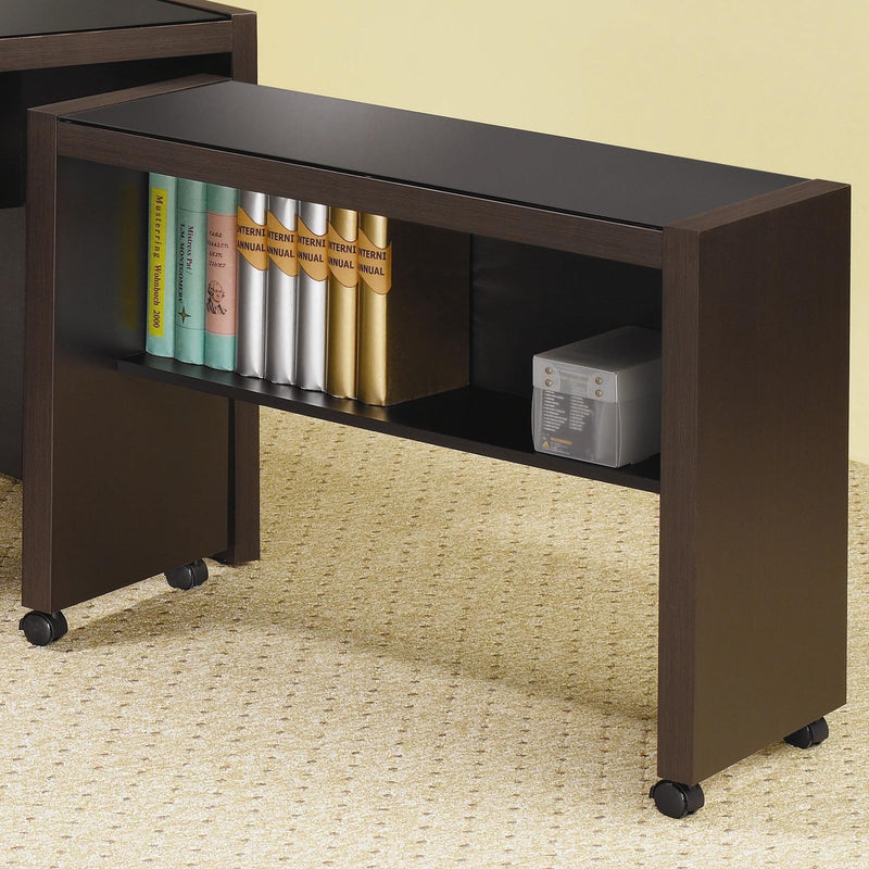 Computer Cart on Caster Wheels With Glass Top, Cappuccino-Office Carts and Stands-Cappuccino-Wood-JadeMoghul Inc.