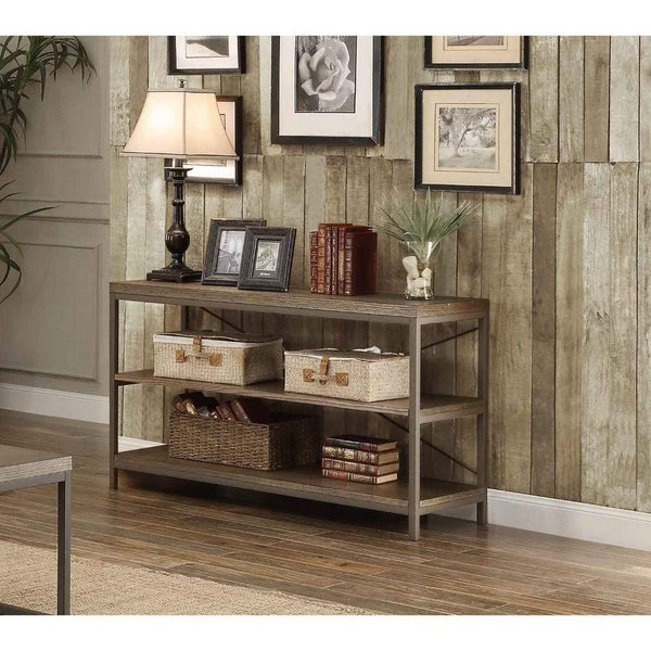 Console Tables Rectangular Sofa Table In Metal Frame With Grey Weathered Wood And Shelves, Grey Benzara