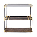 Console Tables Rectangur Glass Top Console Table Metal Tubular Framing and Wooden Shelves, Black and Brown Benzara