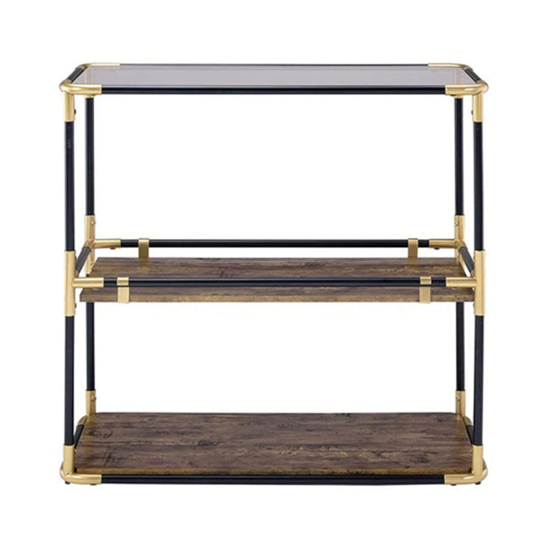 Console Tables Rectangur Glass Top Console Table Metal Tubular Framing and Wooden Shelves, Black and Brown Benzara