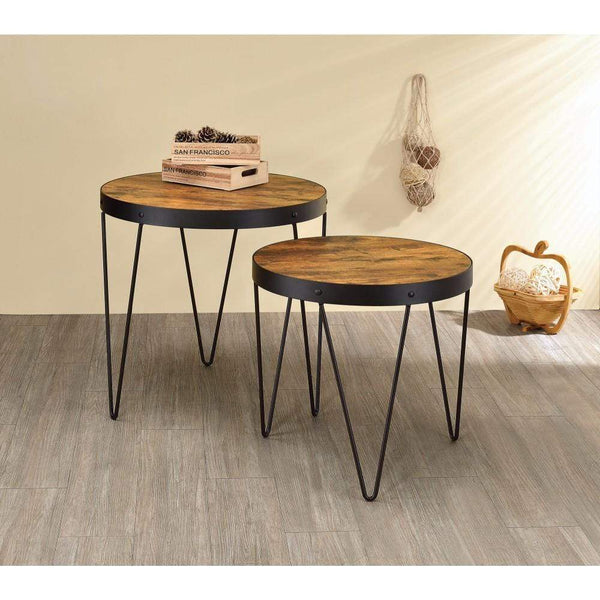 Console Tables Set Of 2 Round Metal Table With Wood Top, Brown & Black Benzara