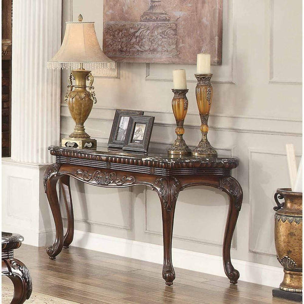 Traditional Style Engraved Sofa Table With Marble Top, Dark Cherry Brown