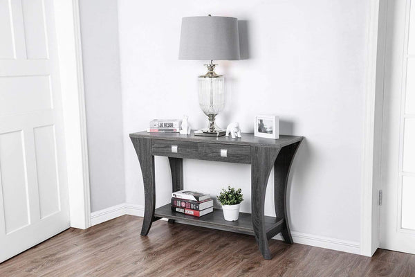 Two Drawers Wooden Sofa Table with Bottom Shelf and Swooping Curled Legs, Gray