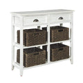 Wooden Console Sofa Table with Four Woven Storage Baskets, White and Brown