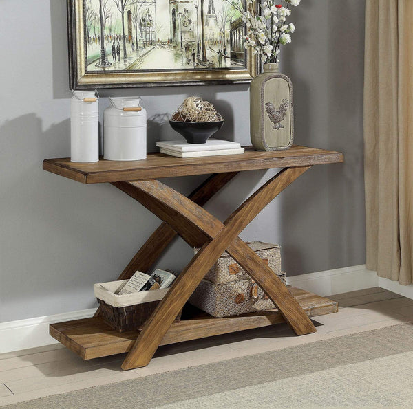 Wooden Sofa Table with Open Bottom Shelf and X-Shaped Base, Antique Light Oak Brown